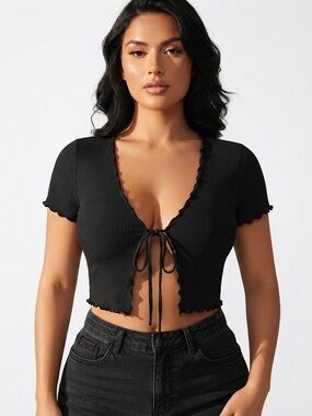 Black Tie Front Crop Top Blouse